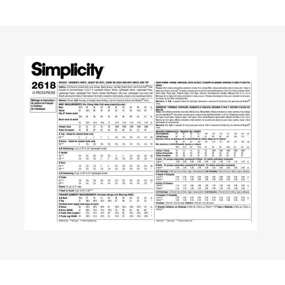 Simplicity 2618 Misses Pants Jacket‎ Vest Scarf Dress & Top Pattern Sizes 20-28